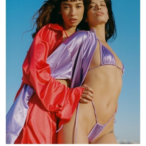 𝅺laina Rauma SET Small LIGHT PURPLE LAVENDER satin Club Bed Top Drawstring pants - Picture 7 of 16